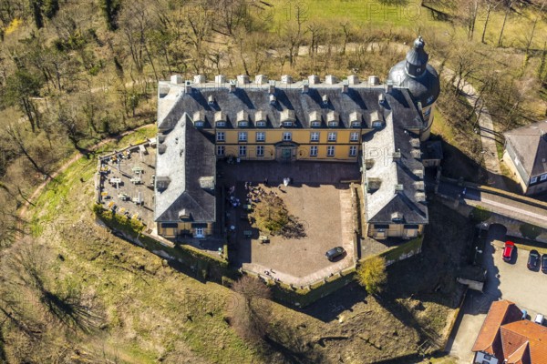 Aerial view, Altwildungen with Friedrichstein Castle in Bad Wildungen in Hesse. Bad Wildungen, spa centre and state bath in the district of Waldeck-Frankenberg, North Hesse, Hesse, Germany, Bad Wildungen, DEU, Europe, birds-eyes view, aerial view, aerial photography, aerial photography, overview, overview, bird's eye view