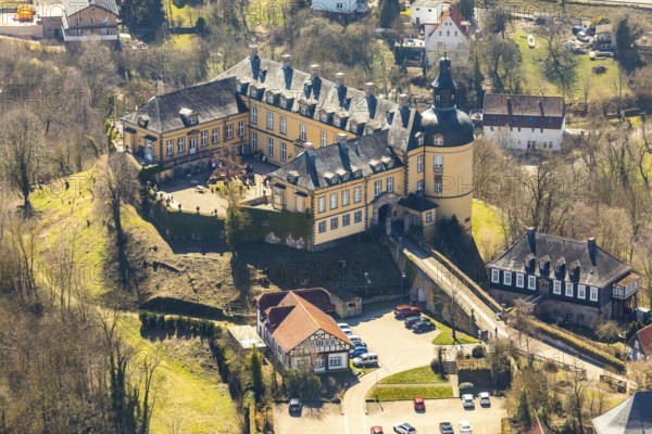 Aerial view, Altwildungen with Friedrichstein Castle in Bad Wildungen in Hesse. Bad Wildungen, spa centre and state bath in the district of Waldeck-Frankenberg, North Hesse, Hesse, Germany, Bad Wildungen, DEU, Europe, birds-eyes view, aerial view, aerial photography, aerial photography, overview, overview, bird's eye view