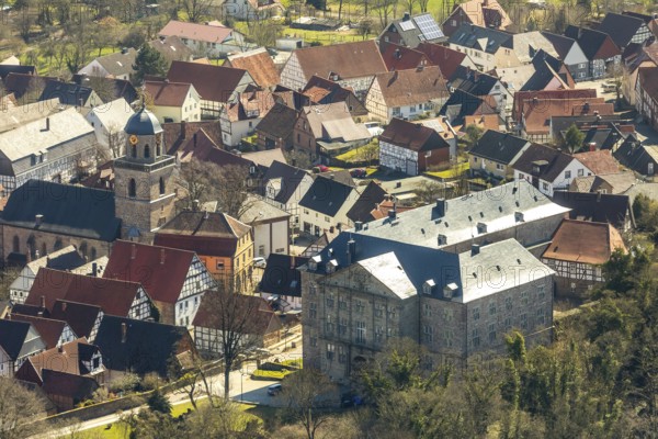 Aerial view, Rhoden in Diemelsee in Hesse, historic town centre with Rhoden Castle, transitional building from a castle complex to a castle, Rhoden Protestant Church. Diemelsee, district Waldeck-Frankenberg, North Hesse, Upland, Hesse, Germany, Diemelstadt, DEU, Europe, birds-eyes view, aerial view, aerial photography, aerial photography, overview, overview, bird's eye view
