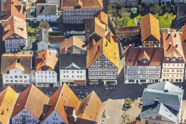 Aerial view, half-timbered houses on Brunnenstraße on the town hill, in Bad Wildungen in Hesse. Bad Wildungen, spa centre and state bath in the district of Waldeck-Frankenberg, North Hesse, Hesse, Germany, Bad Wildungen, DEU, Europe, birds-eyes view, aerial view, aerial photography, aerial photography, overview, overview, bird's eye view