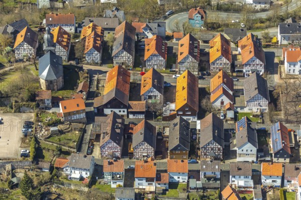 Aerial view, Altwildungen with Phillip-Nicolai-Kirche Schlossstraße near Schloss Friedrichstein in Bad Wildungen in Hesse. Bad Wildungen, spa centre and state bath in the district of Waldeck-Frankenberg, North Hesse, Hesse, Germany, Bad Wildungen, DEU, Europe, birds-eyes view, aerial view, aerial photography, aerial photography, overview, overview, bird's eye view