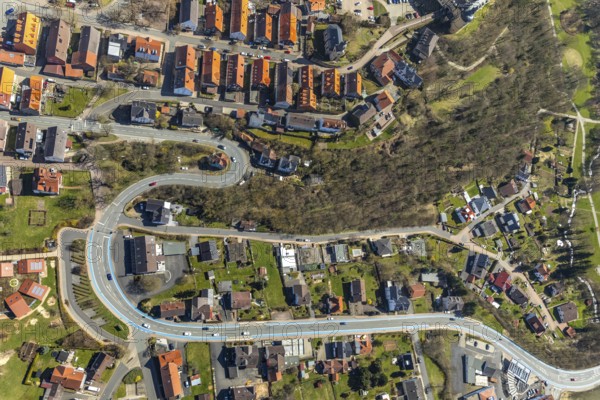 Aerial view, Altwildungen with hairpin bends on the municipal road Friedrich-Ebert-Straße, motorbike route, in Bad Wildungen in Hesse. Bad Wildungen, spa centre and state bath in the district of Waldeck-Frankenberg, North Hesse, Hesse, Germany, Bad Wildungen, DEU, Europe, birds-eyes view, aerial view, aerial photography, aerial photography, overview, overview, bird's eye view