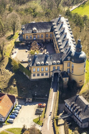 Aerial view, Altwildungen with Friedrichstein Castle in Bad Wildungen in Hesse. Bad Wildungen, spa centre and state bath in the district of Waldeck-Frankenberg, North Hesse, Hesse, Germany, Bad Wildungen, DEU, Europe, birds-eyes view, aerial view, aerial photography, aerial photography, overview, overview, bird's eye view