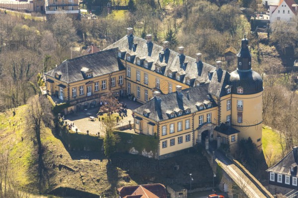 Aerial view, Altwildungen with Friedrichstein Castle in Bad Wildungen in Hesse. Bad Wildungen, spa centre and state bath in the district of Waldeck-Frankenberg, North Hesse, Hesse, Germany, Bad Wildungen, DEU, Europe, birds-eyes view, aerial view, aerial photography, aerial photography, overview, overview, bird's eye view
