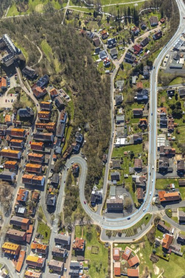 Aerial view, Altwildungen with hairpin bends on the municipal road Friedrich-Ebert-Straße, motorbike route, in Bad Wildungen in Hesse. Bad Wildungen, spa centre and state bath in the district of Waldeck-Frankenberg, North Hesse, Hesse, Germany, Bad Wildungen, DEU, Europe, birds-eyes view, aerial view, aerial photography, aerial photography, overview, overview, bird's eye view