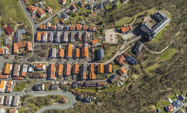 Aerial view, Altwildungen with Friedrichstein Castle in Bad Wildungen in Hesse. Bad Wildungen, spa centre and state bath in the district of Waldeck-Frankenberg, North Hesse, Hesse, Germany, Bad Wildungen, DEU, Europe, birds-eyes view, aerial view, aerial photography, aerial photography, overview, overview, bird's eye view
