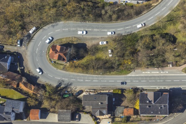 Aerial view, Altwildungen with hairpin bends on the municipal road Friedrich-Ebert-Straße, motorbike route, in Bad Wildungen in Hesse. Bad Wildungen, spa centre and state bath in the district of Waldeck-Frankenberg, North Hesse, Hesse, Germany, Bad Wildungen, DEU, Europe, birds-eyes view, aerial view, aerial photography, aerial photography, overview, overview, bird's eye view