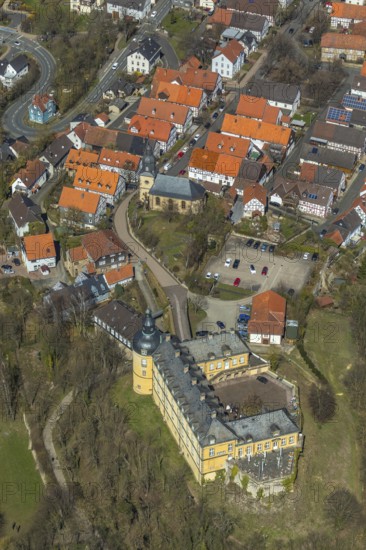 Aerial view, Altwildungen with Friedrichstein Castle in Bad Wildungen in Hesse. Bad Wildungen, spa centre and state bath in the district of Waldeck-Frankenberg, North Hesse, Hesse, Germany, Bad Wildungen, DEU, Europe, birds-eyes view, aerial view, aerial photography, aerial photography, overview, overview, bird's eye view
