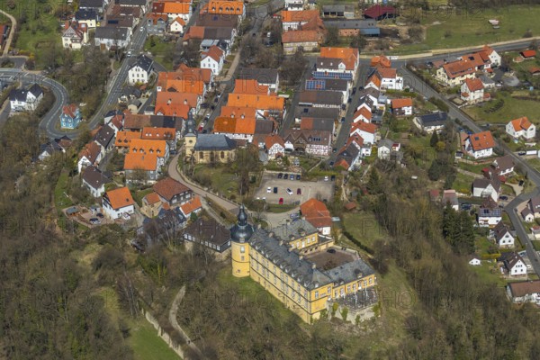 Aerial view, Altwildungen with Friedrichstein Castle in Bad Wildungen in Hesse. Bad Wildungen, spa centre and state bath in the district of Waldeck-Frankenberg, North Hesse, Hesse, Germany, Bad Wildungen, DEU, Europe, birds-eyes view, aerial view, aerial photography, aerial photography, overview, overview, bird's eye view