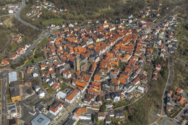 Aerial view, town centre of Wildungen with Protestant church on the town hill, in Bad Wildungen in Hesse. Bad Wildungen, spa centre and state bath in the district of Waldeck-Frankenberg, North Hesse, Hesse, Germany, Bad Wildungen, DEU, Europe, birds-eyes view, aerial view, aerial photography, aerial photography, overview, bird's eye view