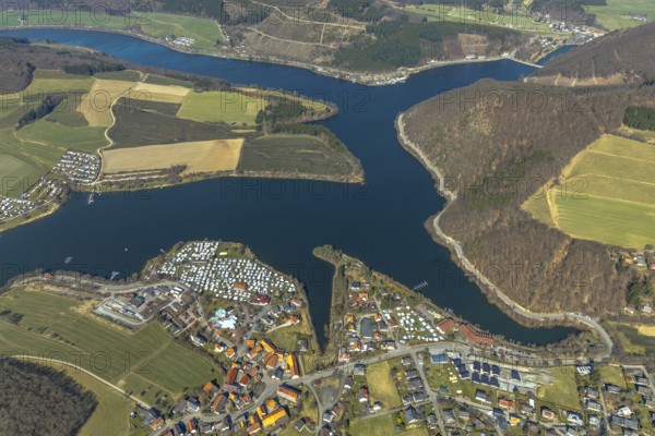 Aerial view, Heringhausen with reservoir, dam wall, hydroelectric power station and equalising reservoir existing dam Diemel dam, camping sites, in Diemelsee in Hesse. Diemelsee, district Waldeck-Frankenberg, North Hesse, Upland, Hesse, Germany, Diemelsee, DEU, Europe, birds-eyes view, aerial view, aerial photography, aerial photography, overview, overview, bird's eye view