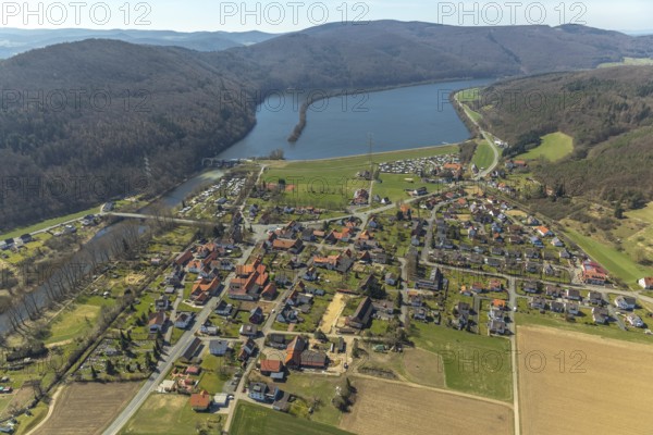 Aerial view, Affolderner See and village Affoldern in Edertal, district Waldeck-Frankenberg in North Hesse, Hesse, Germany, Edertal, DEU, Europe, birds-eyes view, aerial view, aerial photography, aerial photography, overview, bird's eye view