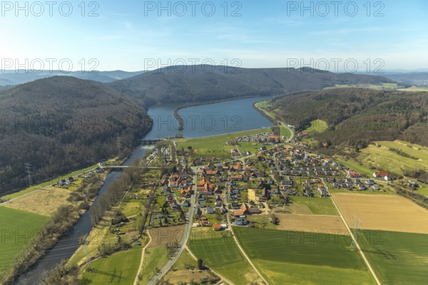 Aerial view, Affolderner See and village Affoldern in Edertal, district Waldeck-Frankenberg in North Hesse, Hesse, Germany, Edertal, DEU, Europe, birds-eyes view, aerial view, aerial photography, aerial photography, overview, bird's eye view