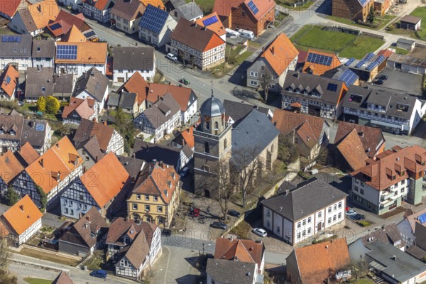Aerial view, Rhoden in Diemelsee in Hesse, historical town centre, Protestant town church Rhoden. Diemelsee, district Waldeck-Frankenberg, North Hesse, Upland, Hesse, Germany, Diemelstadt, DEU, Europe, birds-eyes view, aerial view, aerial photography, aerial photography, overview, overview, bird's eye view