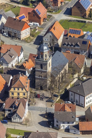 Aerial view, Rhoden in Diemelsee in Hesse, historical town centre, Protestant town church Rhoden. Diemelsee, district Waldeck-Frankenberg, North Hesse, Upland, Hesse, Germany, Diemelstadt, DEU, Europe, birds-eyes view, aerial view, aerial photography, aerial photography, overview, overview, bird's eye view