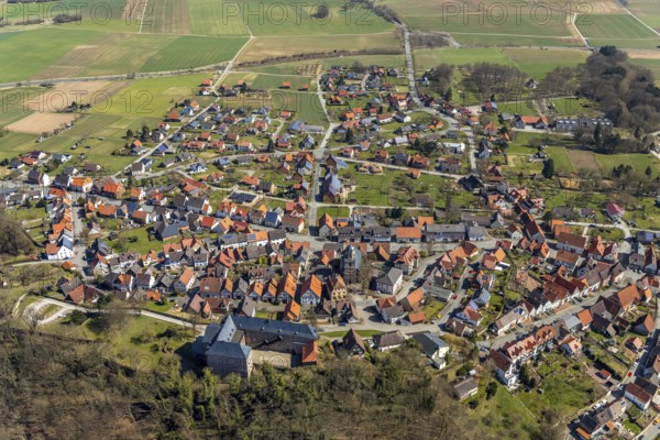 Aerial view, Rhoden in Diemelsee in Hesse, historic town centre with Rhoden Castle, transitional building from a castle complex to a castle, Rhoden Protestant Church. Diemelsee, district Waldeck-Frankenberg, North Hesse, Upland, Hesse, Germany, Diemelstadt, DEU, Europe, birds-eyes view, aerial view, aerial photography, aerial photography, overview, overview, bird's eye view