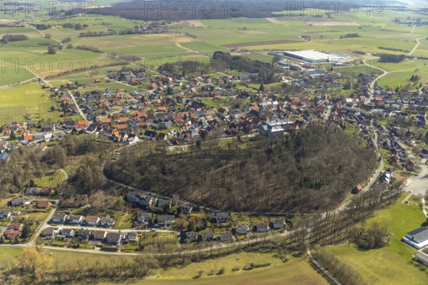 Aerial view, Rhoden in Diemelsee in Hesse, historic town centre with Rhoden Castle, transitional building from a castle complex to a castle, Rhoden Protestant Church. Diemelsee, district Waldeck-Frankenberg, North Hesse, Upland, Hesse, Germany, Diemelstadt, DEU, Europe, birds-eyes view, aerial view, aerial photography, aerial photography, overview, overview, bird's eye view