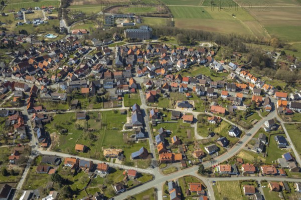 Aerial view, Rhoden in Diemelsee in Hesse, historic town centre with Rhoden Castle, transitional building from a castle complex to a castle, Rhoden Protestant Church. Diemelsee, district Waldeck-Frankenberg, North Hesse, Upland, Hesse, Germany, Diemelstadt, DEU, Europe, birds-eyes view, aerial view, aerial photography, aerial photography, overview, overview, bird's eye view