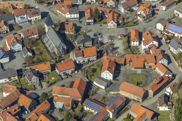 Aerial view, Adorf in Diemelsee in Hesse, town centre with courtyard domain, Romanesque basilica St. Johannis, dedicated to John the Baptist, fortified church. Diemelsee, district Waldeck-Frankenberg, North Hesse, Upland, Hesse, Germany, Diemelsee, DEU, Europe, birds-eyes view, aerial view, aerial photography, aerial photography, overview, overview, bird's eye view