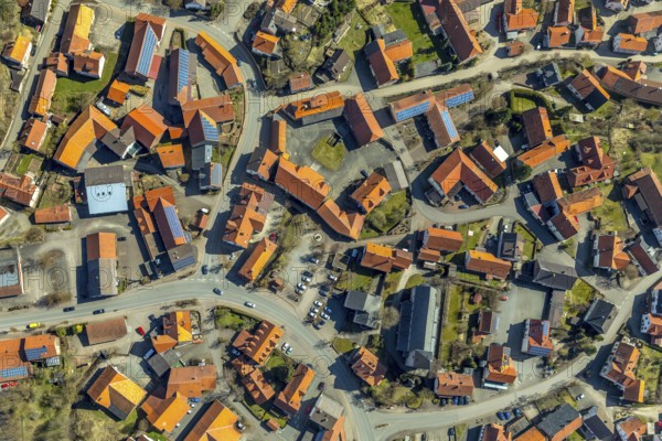 Aerial view, Adorf in Diemelsee in Hesse, town centre with courtyard domain, Romanesque basilica St. Johannis, dedicated to John the Baptist, fortified church. Diemelsee, district Waldeck-Frankenberg, North Hesse, Upland, Hesse, Germany, Diemelsee, DEU, Europe, birds-eyes view, aerial view, aerial photography, aerial photography, overview, overview, bird's eye view