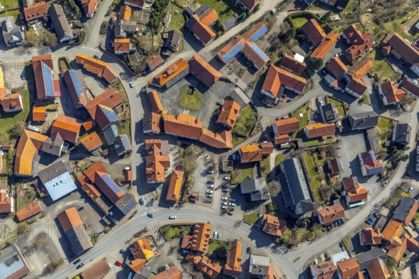 Aerial view, Adorf in Diemelsee in Hesse, town centre with courtyard domain, Romanesque basilica St. Johannis, dedicated to John the Baptist, fortified church. Diemelsee, district Waldeck-Frankenberg, North Hesse, Upland, Hesse, Germany, Diemelsee, DEU, Europe, birds-eyes view, aerial view, aerial photography, aerial photography, overview, overview, bird's eye view
