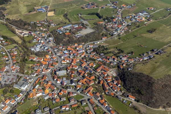 Aerial view, Adorf in Diemelsee in Hesse, town centre with courtyard domain, Romanesque basilica St. Johannis, dedicated to John the Baptist, fortified church. Diemelsee, district Waldeck-Frankenberg, North Hesse, Upland, Hesse, Germany, Diemelsee, DEU, Europe, birds-eyes view, aerial view, aerial photography, aerial photography, overview, overview, bird's eye view