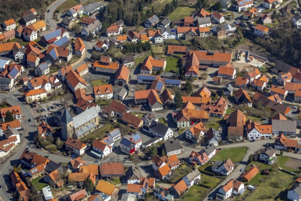 Aerial view, Adorf in Diemelsee in Hesse, town centre with courtyard domain, Romanesque basilica St. Johannis, dedicated to John the Baptist, fortified church. Diemelsee, district Waldeck-Frankenberg, North Hesse, Upland, Hesse, Germany, Diemelsee, DEU, Europe, birds-eyes view, aerial view, aerial photography, aerial photography, overview, overview, bird's eye view