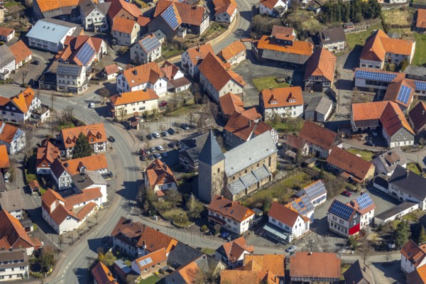 Aerial view, Adorf in Diemelsee in Hesse, Romanesque Basilica of St John the Baptist, fortified church. Diemelsee, district Waldeck-Frankenberg, North Hesse, Upland, Hesse, Germany, Diemelsee, DEU, Europe, birds-eyes view, aerial view, aerial photography, aerial photography, overview, overview, bird's eye view