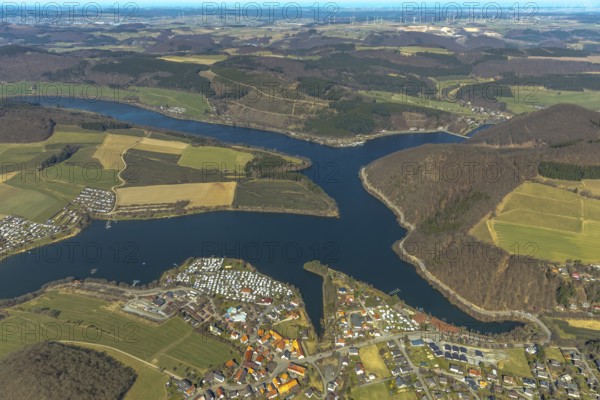 Aerial view, Heringhausen with reservoir, dam wall, hydroelectric power station and equalising reservoir existing dam Diemel dam, camping sites, in Diemelsee in Hesse. Diemelsee, district Waldeck-Frankenberg, North Hesse, Upland, Hesse, Germany, Diemelsee, DEU, Europe, birds-eyes view, aerial view, aerial photography, aerial photography, overview, overview, bird's eye view