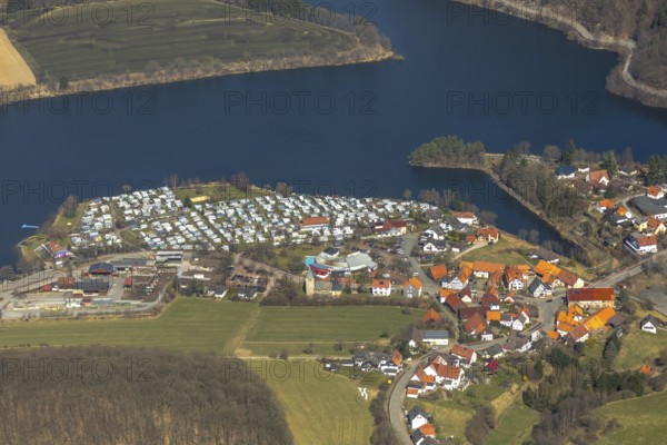 Aerial view, Heringhausen with reservoir, dam wall, hydroelectric power station and equalising reservoir existing dam Diemel dam, camping sites, in Diemelsee in Hesse. Diemelsee, district Waldeck-Frankenberg, North Hesse, Upland, Hesse, Germany, Diemelsee, DEU, Europe, birds-eyes view, aerial view, aerial photography, aerial photography, overview, overview, bird's eye view