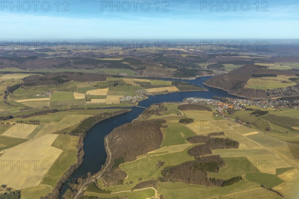 Aerial view, Heringhausen with reservoir, dam wall, hydroelectric power station and equalising reservoir existing dam Diemel dam, camping sites, in Diemelsee in Hesse. Diemelsee, district Waldeck-Frankenberg, North Hesse, Upland, Hesse, Germany, Diemelsee, DEU, Europe, birds-eyes view, aerial view, aerial photography, aerial photography, overview, overview, bird's eye view