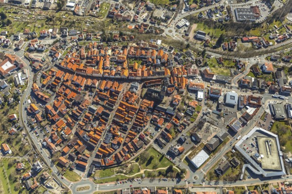 Aerial view, town centre of Wildungen with Protestant church on the town hill, in Bad Wildungen in Hesse. Bad Wildungen, spa centre and state bath in the district of Waldeck-Frankenberg, North Hesse, Hesse, Germany, Bad Wildungen, DEU, Europe, birds-eyes view, aerial view, aerial photography, aerial photography, overview, bird's eye view