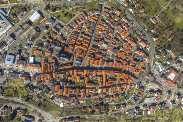 Aerial view, town centre of Wildungen with Protestant church on the town hill, in Bad Wildungen in Hesse. Bad Wildungen, spa centre and state bath in the district of Waldeck-Frankenberg, North Hesse, Hesse, Germany, Bad Wildungen, DEU, Europe, birds-eyes view, aerial view, aerial photography, aerial photography, overview, bird's eye view