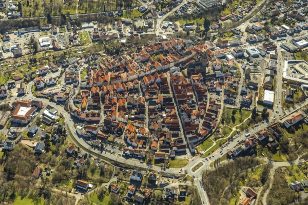 Aerial view, town centre of Wildungen with Protestant church on the town hill, in Bad Wildungen in Hesse. Bad Wildungen, spa centre and state bath in the district of Waldeck-Frankenberg, North Hesse, Hesse, Germany, Bad Wildungen, DEU, Europe, birds-eyes view, aerial view, aerial photography, aerial photography, overview, bird's eye view