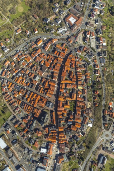 Aerial view, town centre of Wildungen with Protestant church on the town hill, in Bad Wildungen in Hesse. Bad Wildungen, spa centre and state bath in the district of Waldeck-Frankenberg, North Hesse, Hesse, Germany, Bad Wildungen, DEU, Europe, birds-eyes view, aerial view, aerial photography, aerial photography, overview, bird's eye view