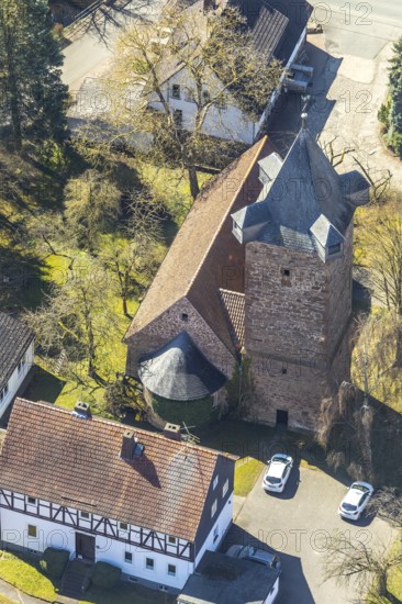 Aerial view, Protestant church Affoldern in Edertal, Bruchstein church, district Waldeck-Frankenberg in North Hesse, Hesse, Germany, Edertal, DEU, Europe, birds-eyes view, aerial photograph, aerial photography, aerial photography, overview, bird's eye view