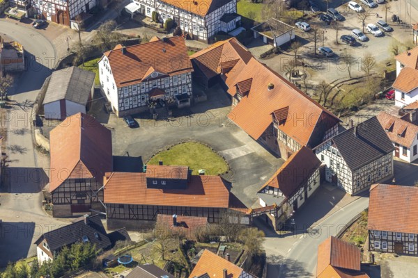 Aerial view, Adorf in Diemelsee in Hesse, town centre with courtyard domain, Romanesque basilica St. Johannis, dedicated to John the Baptist, fortified church. Diemelsee, district Waldeck-Frankenberg, North Hesse, Upland, Hesse, Germany, Diemelsee, DEU, Europe, birds-eyes view, aerial view, aerial photography, aerial photography, overview, overview, bird's eye view
