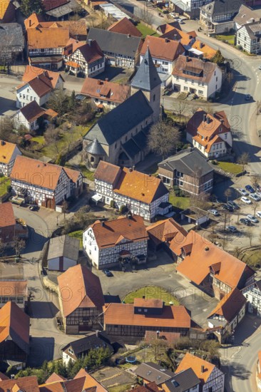Aerial view, Adorf in Diemelsee in Hesse, town centre with courtyard domain, Romanesque basilica St. Johannis, dedicated to John the Baptist, fortified church. Diemelsee, district Waldeck-Frankenberg, North Hesse, Upland, Hesse, Germany, Diemelsee, DEU, Europe, birds-eyes view, aerial view, aerial photography, aerial photography, overview, overview, bird's eye view