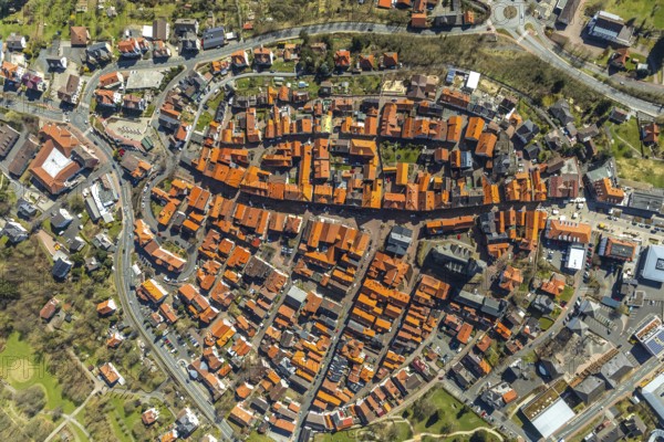 Aerial view, town centre of Wildungen with Protestant church on the town hill, in Bad Wildungen in Hesse. Bad Wildungen, spa centre and state bath in the district of Waldeck-Frankenberg, North Hesse, Hesse, Germany, Bad Wildungen, DEU, Europe, birds-eyes view, aerial view, aerial photography, aerial photography, overview, bird's eye view