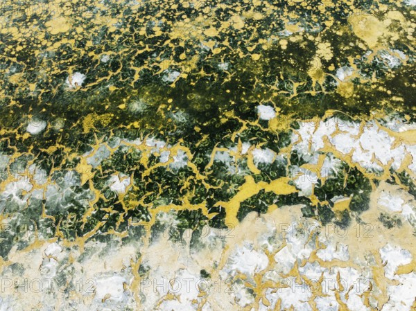 Abstract patterns in the shallow water of a saline pond in the marshland of the Bahía de Cádiz Nature Reserve. Aerial view. Drone shot. Cádiz province, Andalusia, Spain