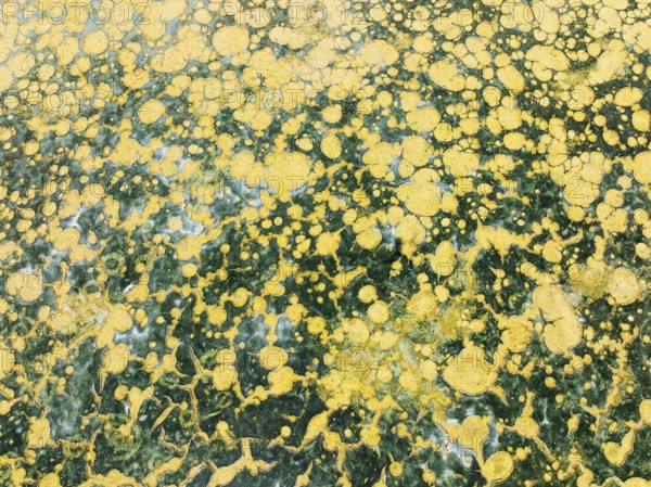 Abstract patterns in the shallow water of a saline pond in the marshland of the Bahía de Cádiz Nature Reserve. Aerial view. Drone shot. Cádiz province, Andalusia, Spain