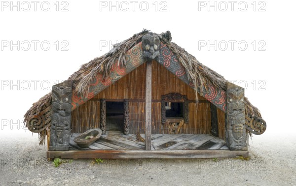 Traditional Maori sleep house seen in New Zealand, gradient isolated in white back