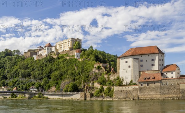 Sunny waterside scenery in Passau, a town in southern Germany at summer time