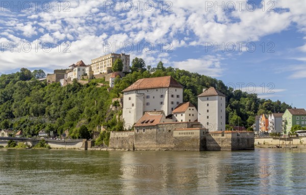 Sunny waterside scenery in Passau, a town in southern Germany at summer time