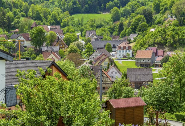 High angle view of a rural village near Mulfingen in Hohenlohe, a district in Southern Germany