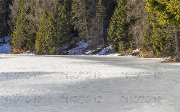 Natural scenery around a lake named Felixer Weiher in South Tyrol at winter time
