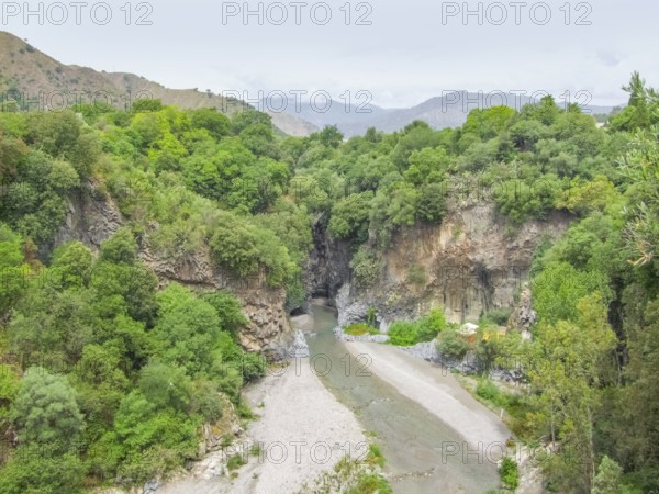 High angle scenery at the entrance of the Alcantara Gorges in Sicily, Italy