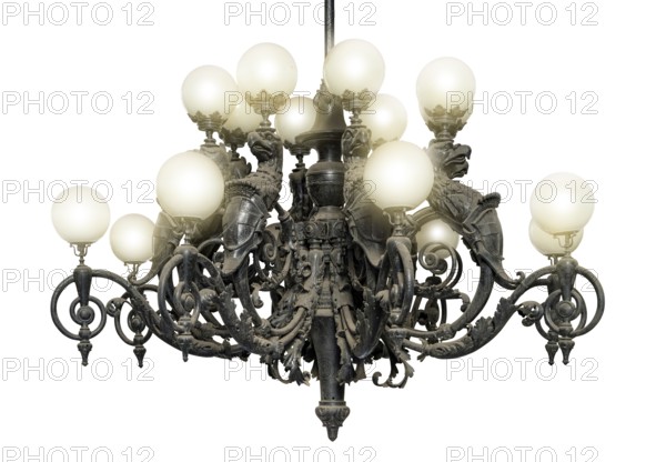 Illuminated historic dusty chandelier in black back