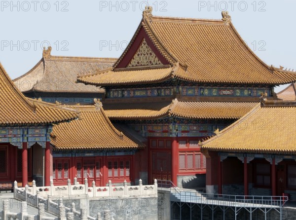 Sunny iluminated architectural scenery inside the Forbidden City in Beijing China. The Forbidden City was the imperial palace from the Ming Dynasty to the end of the Qing Dynasty