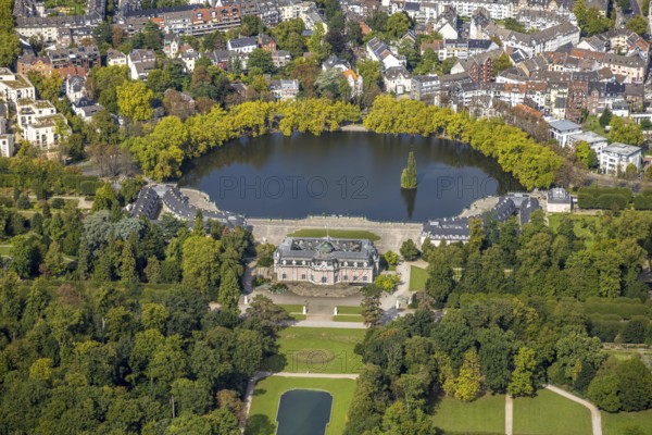 Aerial view, Benrath Castle with castle park and castle pond, Benrath, Düsseldorf, Ruhr area, North Rhine-Westphalia, Germany, DE, monument protection, Europe, aerial view, aerial photography, aerial photography, nature reserve, park, castle, pond, overview, bird's-eye view, bird's-eye view, overview